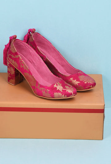 Elegant Pink Brocade Block Heels – Stylish Party Wear
